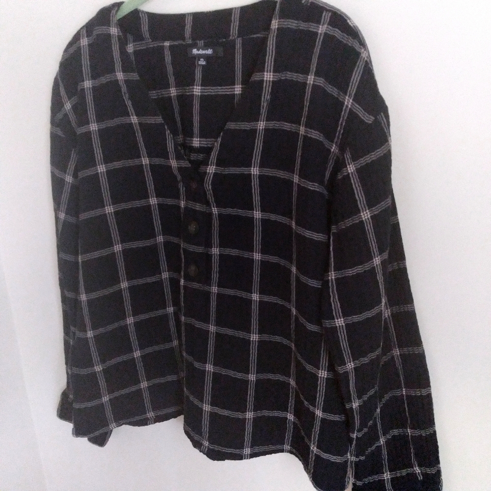 Madewell Cropped Cotton Lagenlook Top XL Boxy‎ Black White Window Pane Plaid - Picture 7 of 8